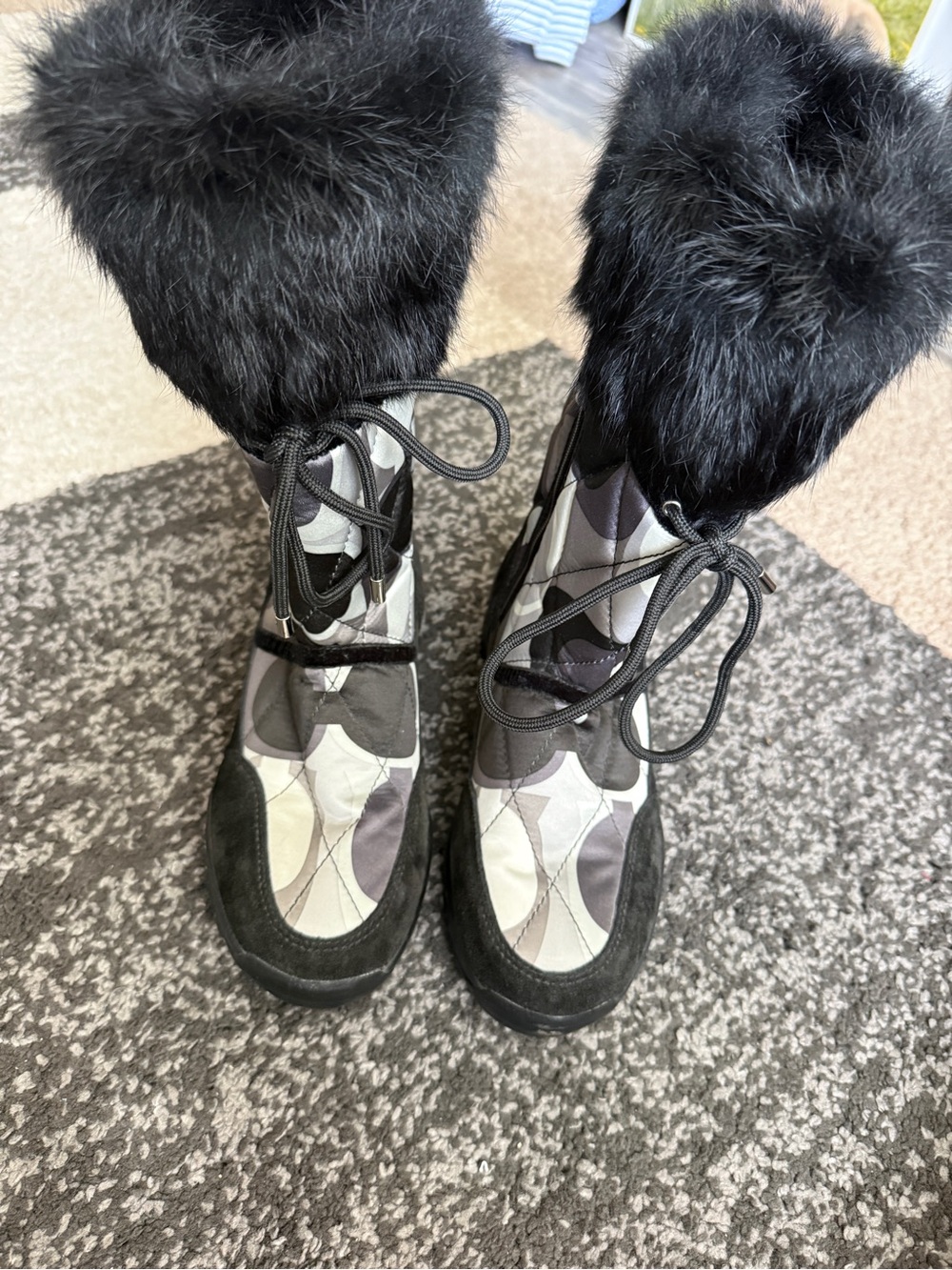 COACH Black & Gray Sasha Signature Quilted Fur-Trim Winter Boots- Size 8.5